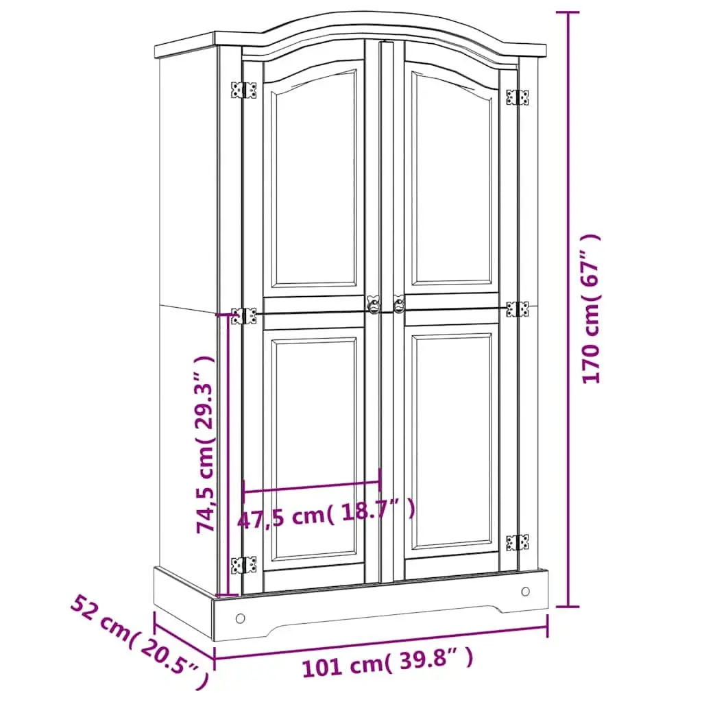 Wooden Wardrobe 2 Doors Brown Pine Mexican Corona Style Storage Cabinet