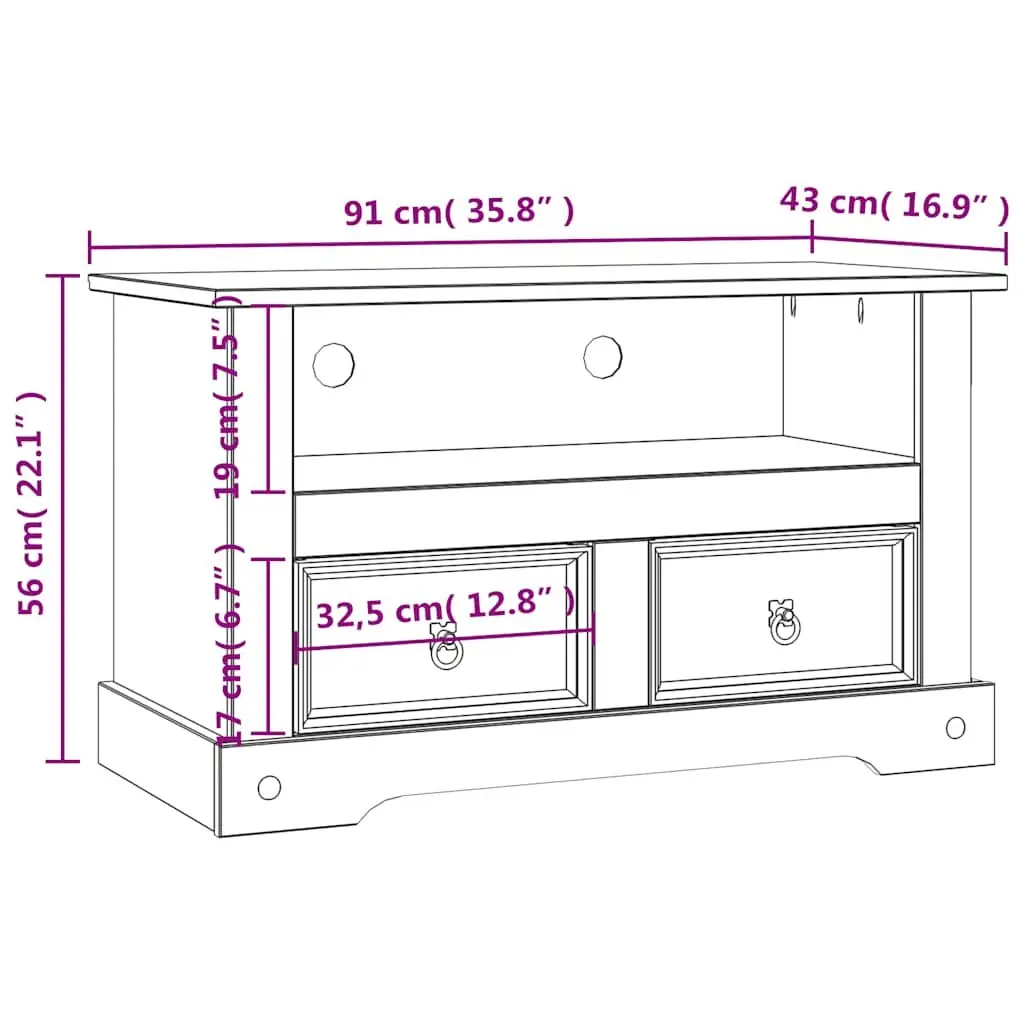 TV Cabinet 91cm Solid Pinewood Rustic Entertainment Unit with Drawers and Open Compartment