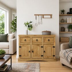 Sideboard Solid Pinewood Storage Cabinet 3 Doors Drawers Compartments Brown