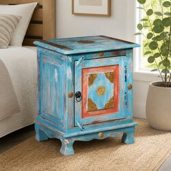 Bedside Table Solid Mango Wood Cabinet Blue Indian Style Nightstand Storage
