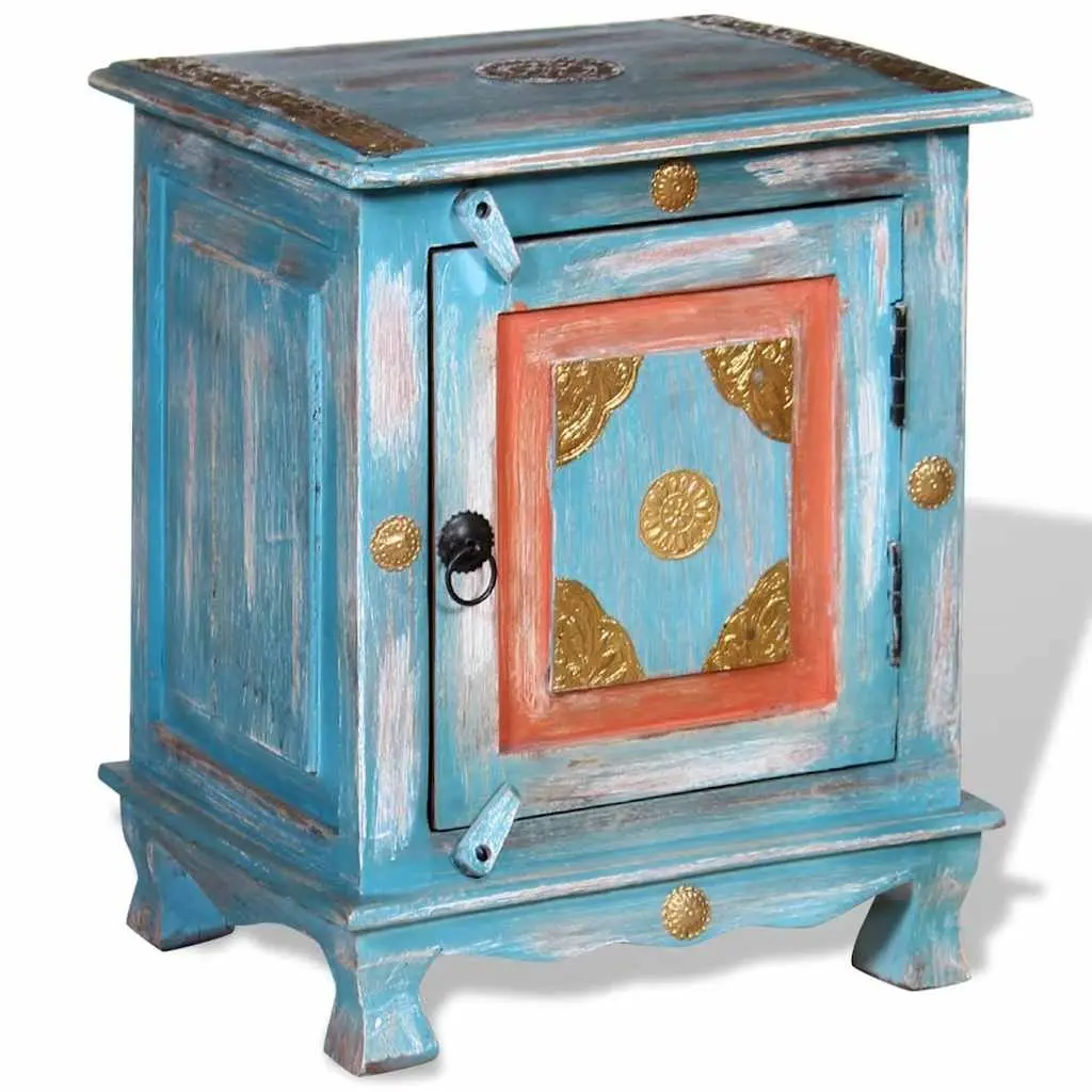 Bedside Table Solid Mango Wood Blue Indian Style Cabinet with Pull Handle and Latch Closure
