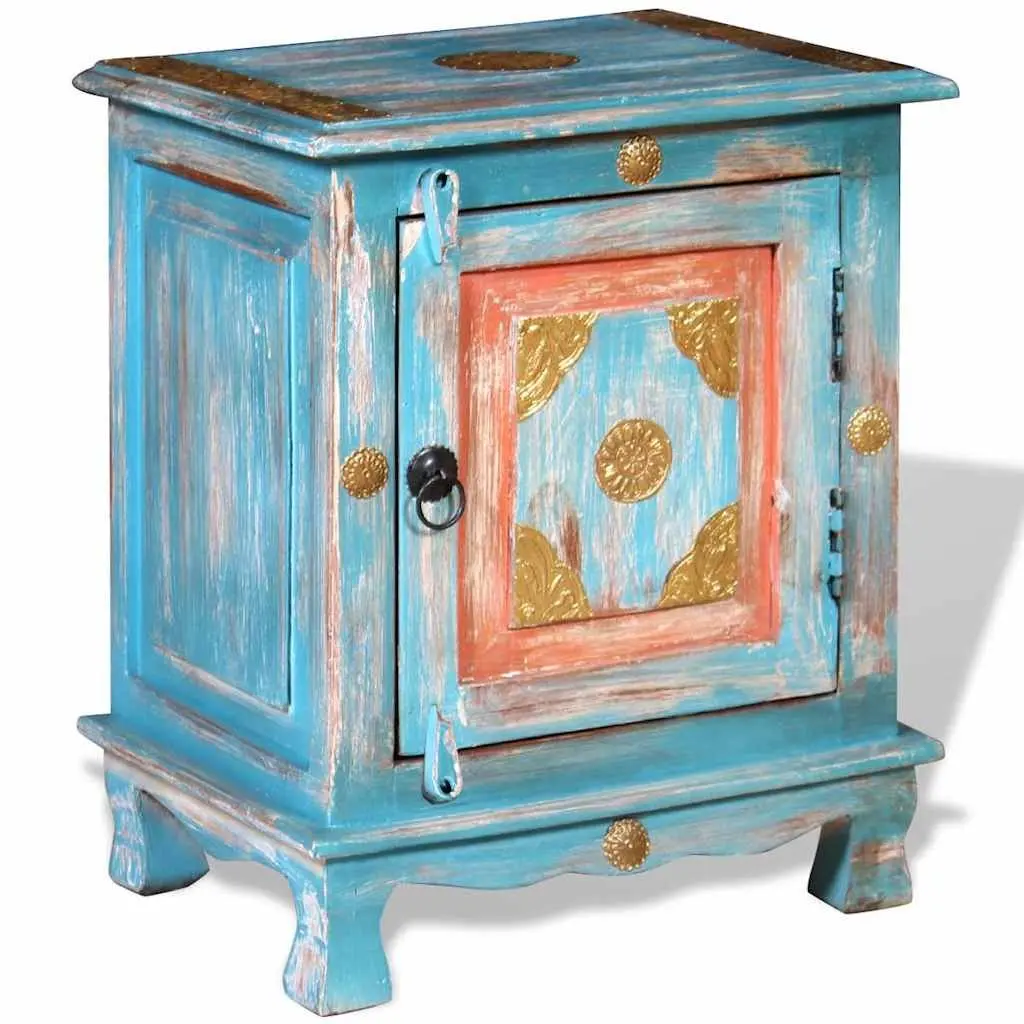 Bedside Table Solid Mango Wood Blue Indian Style Cabinet with Pull Handle and Latch Closure
