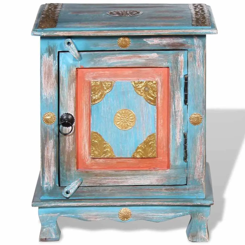 Bedside Table Solid Mango Wood Blue Indian Style Cabinet with Pull Handle and Latch Closure