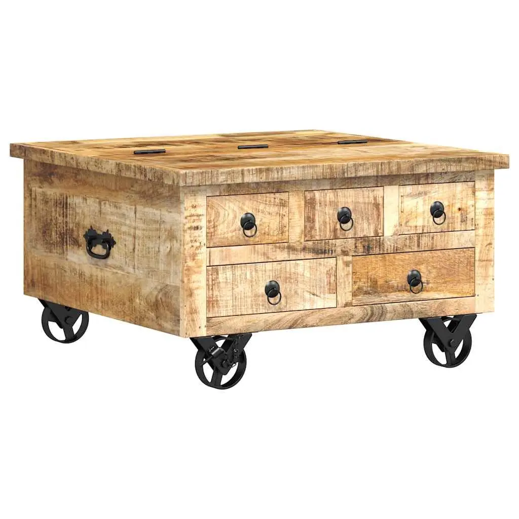 Industrial Wooden Coffee Table 70cm with 5 Drawers and Iron Wheels Mango Wood Accent