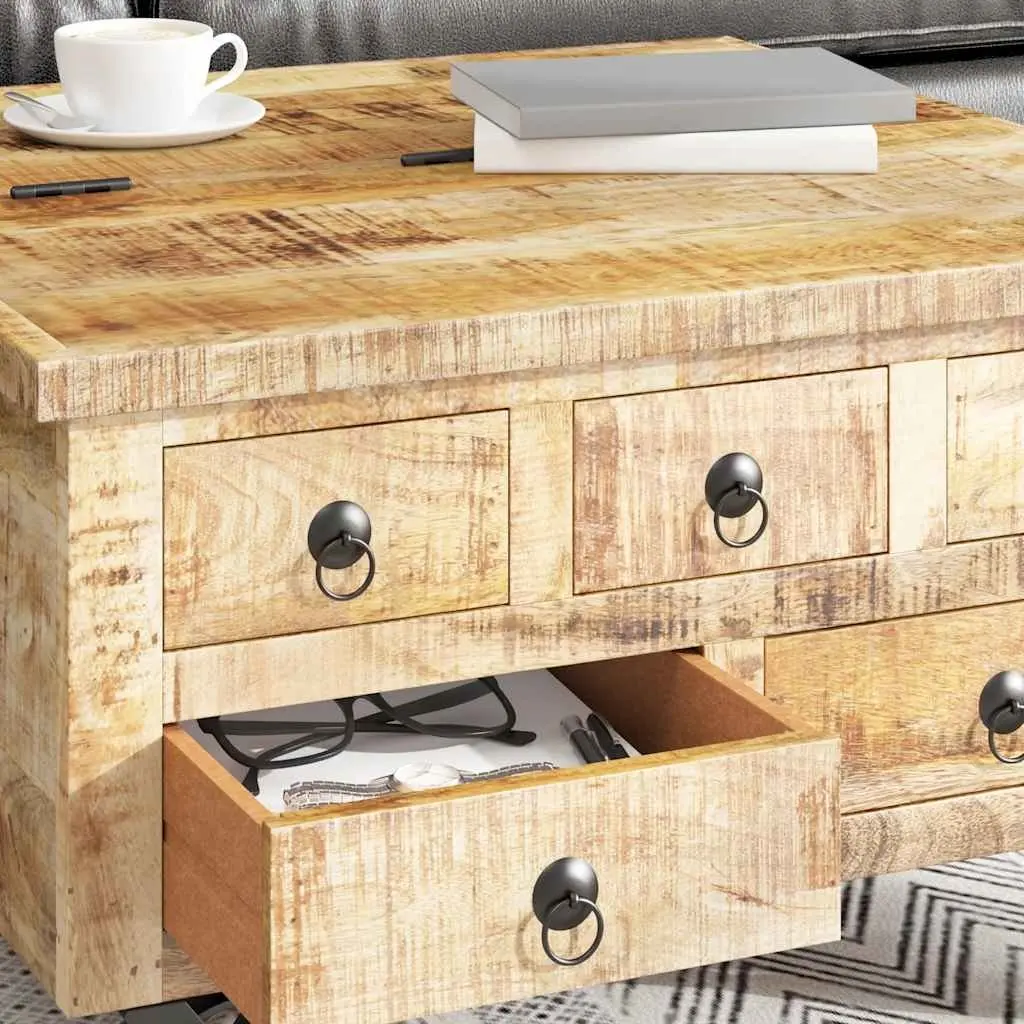 Industrial Wooden Coffee Table 70cm with 5 Drawers and Iron Wheels Mango Wood Accent