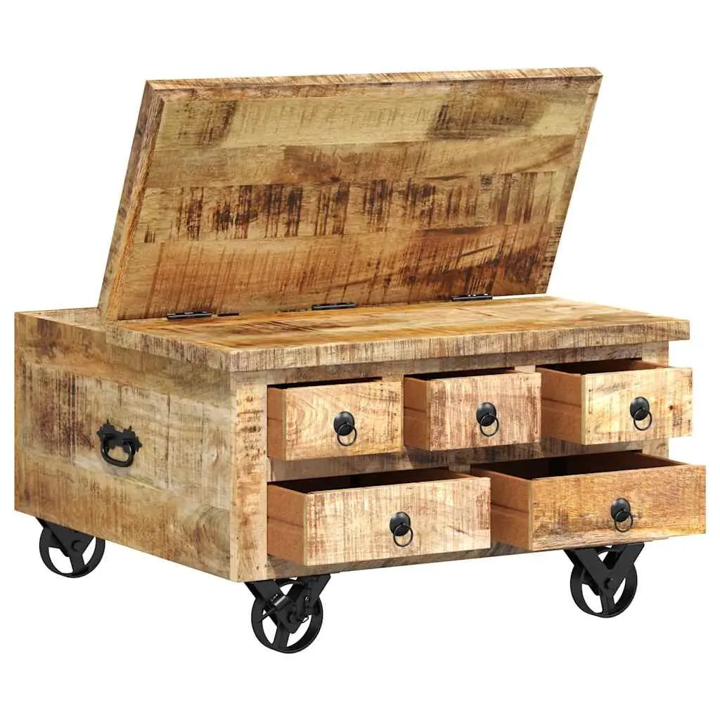 Industrial Wooden Coffee Table 70cm with 5 Drawers and Iron Wheels Mango Wood Accent