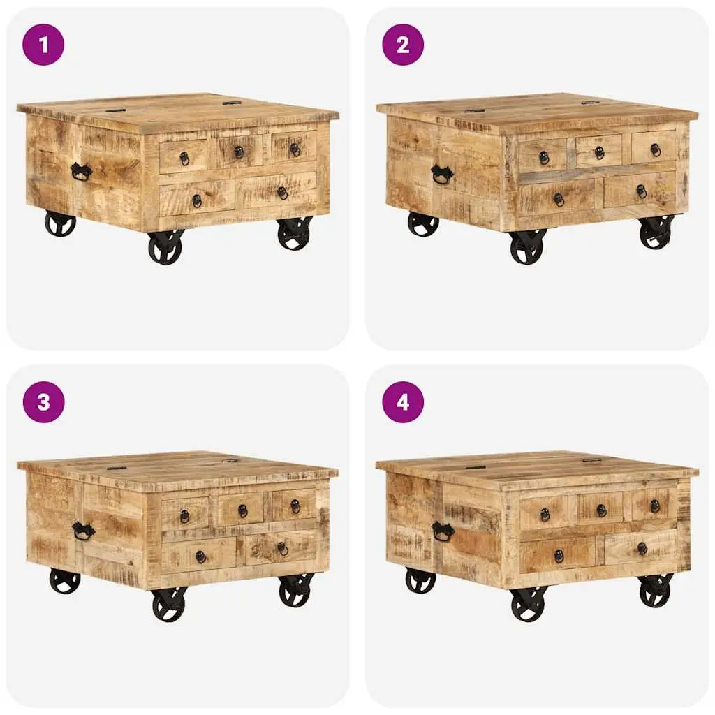 Industrial Wooden Coffee Table 70cm with 5 Drawers and Iron Wheels Mango Wood Accent