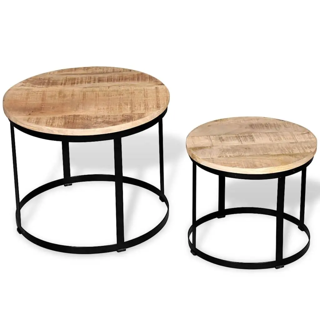 Coffee Table Set 2 Pieces Round 40/50 cm Wooden Accent Tables Industrial Vintage Style