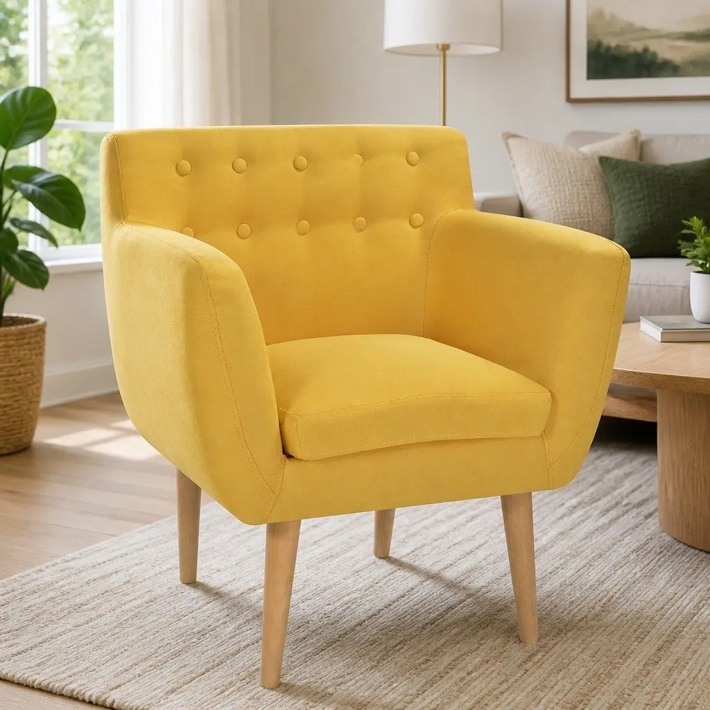 Armchair Yellow Fabric Upholstery Padded Cushion Wooden Frame Living Room