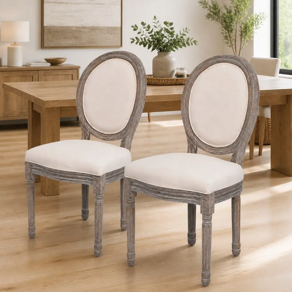 Dining Chairs 2 pcs Cream Fabric Foam Padded Seat Wooden Legs