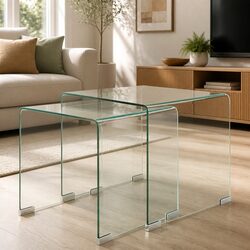 Two Piece Nesting Table Set Tempered Glass Coffee Tables Living Room Bedroom