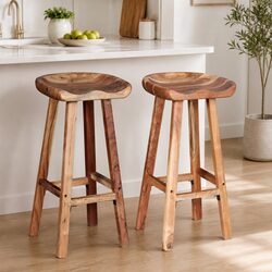 Bar Stools Set of 2 Brown Solid Acacia Wood Handmade Kitchen Counter Seating