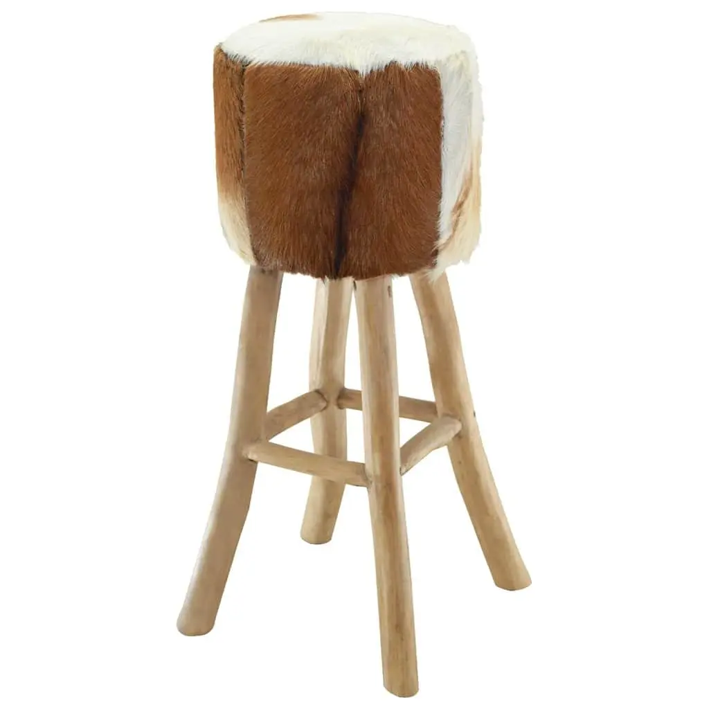 Rustic Brown Bar Stool with Teak Wood Frame and Goat Leather Upholstered Seat