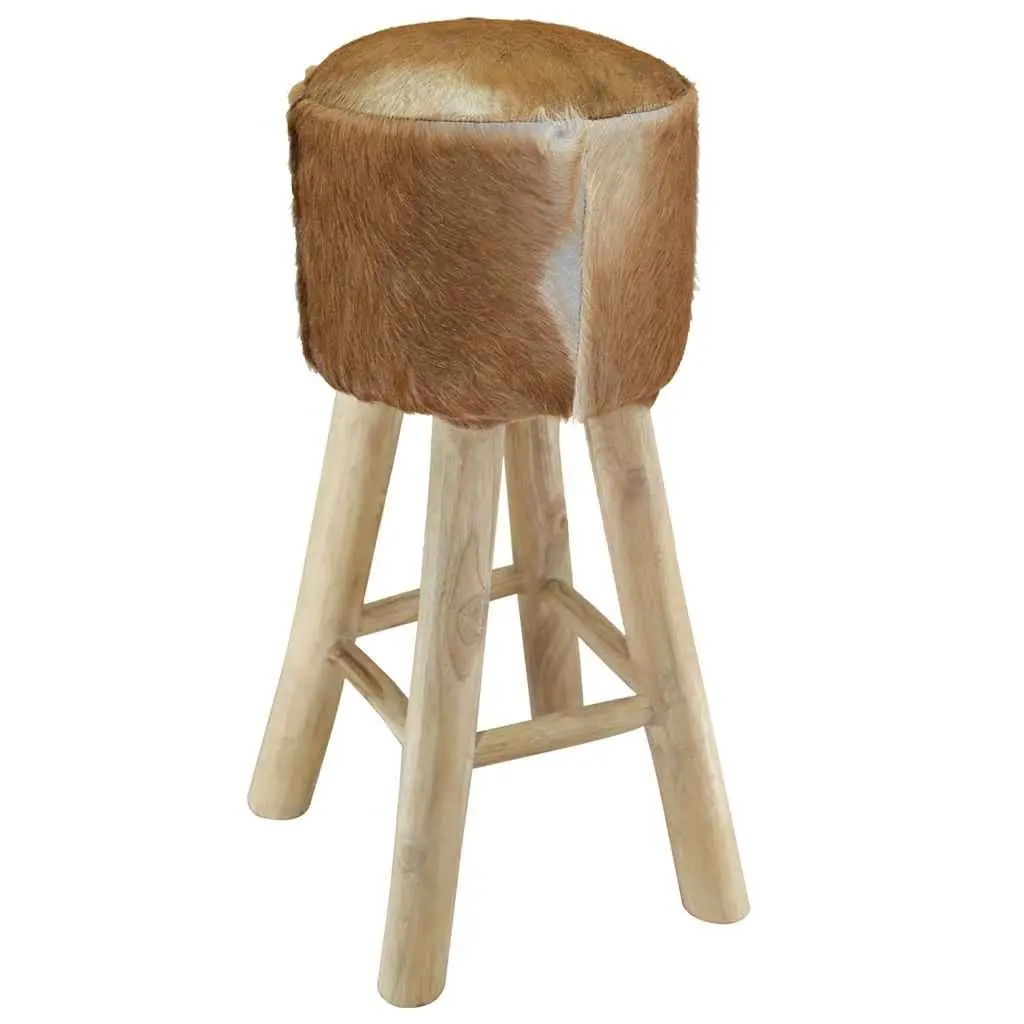 Rustic Brown Bar Stool with Teak Wood Frame and Goat Leather Upholstered Seat