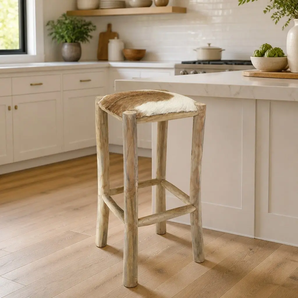 Teak Wood Frame Bar Stool Rustic Brown Upholstered Goat Leather Seat