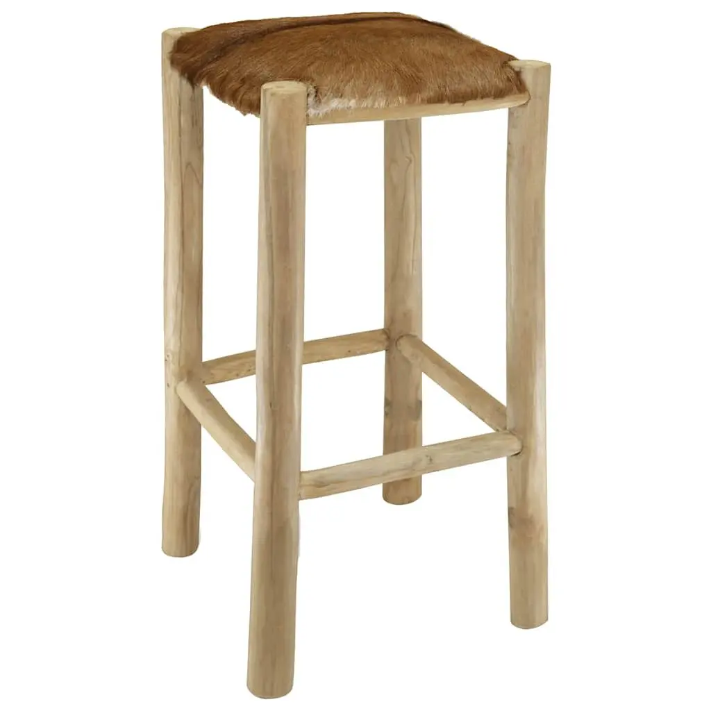 Teak Wood Frame Bar Stool Rustic Brown Upholstered Goat Leather Seat