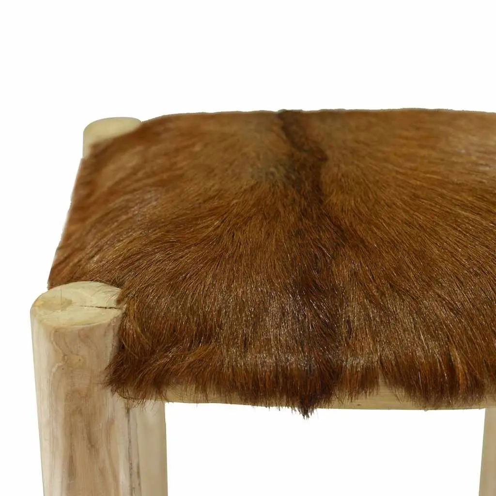 Teak Wood Frame Bar Stool Rustic Brown Upholstered Goat Leather Seat