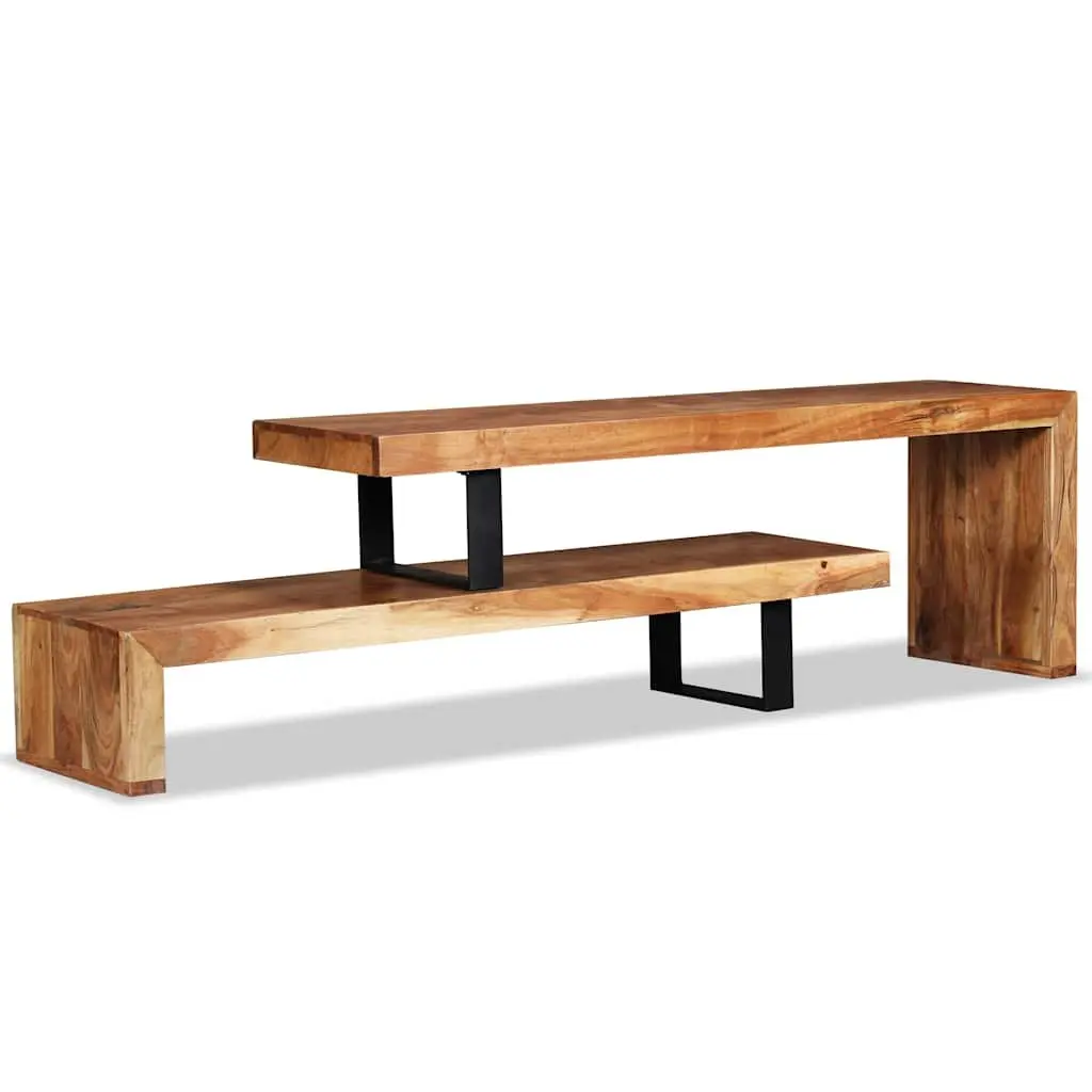 Wooden TV Stand Solid Acacia Wood 2-Tier Stackable Cabinet Brown Retro