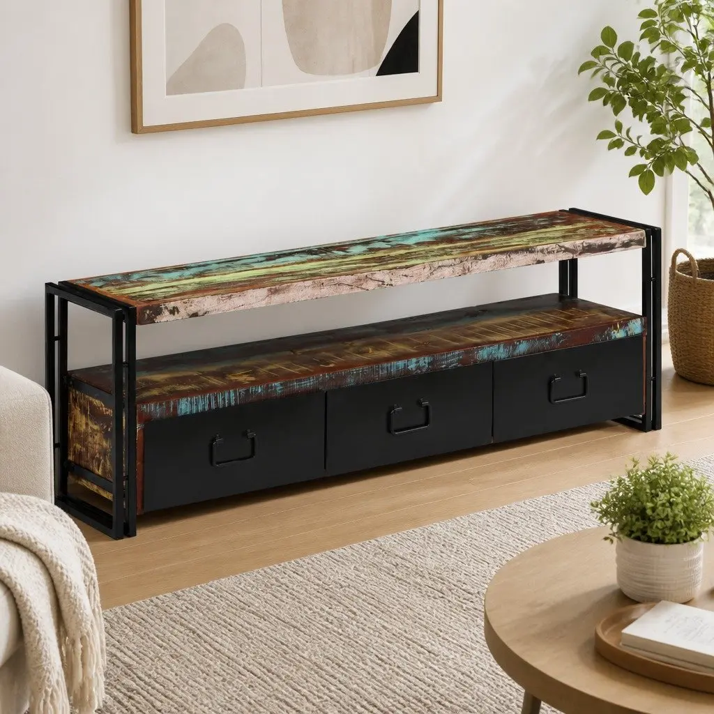 TV Cabinet Solid Reclaimed Wood Industrial Style 3 Drawers 1 Shelf