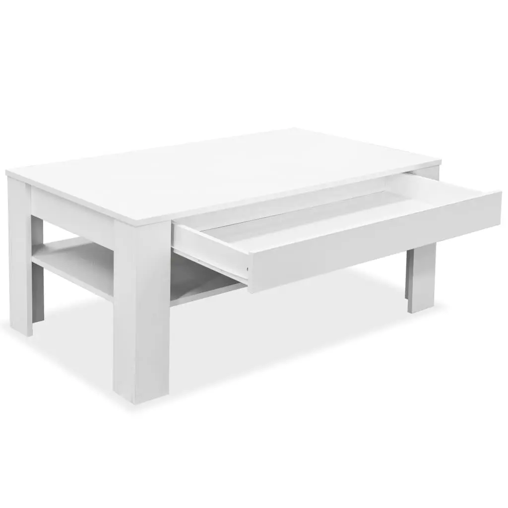 White Coffee Table with Storage Drawer Lower Shelf Modern Design Living Room