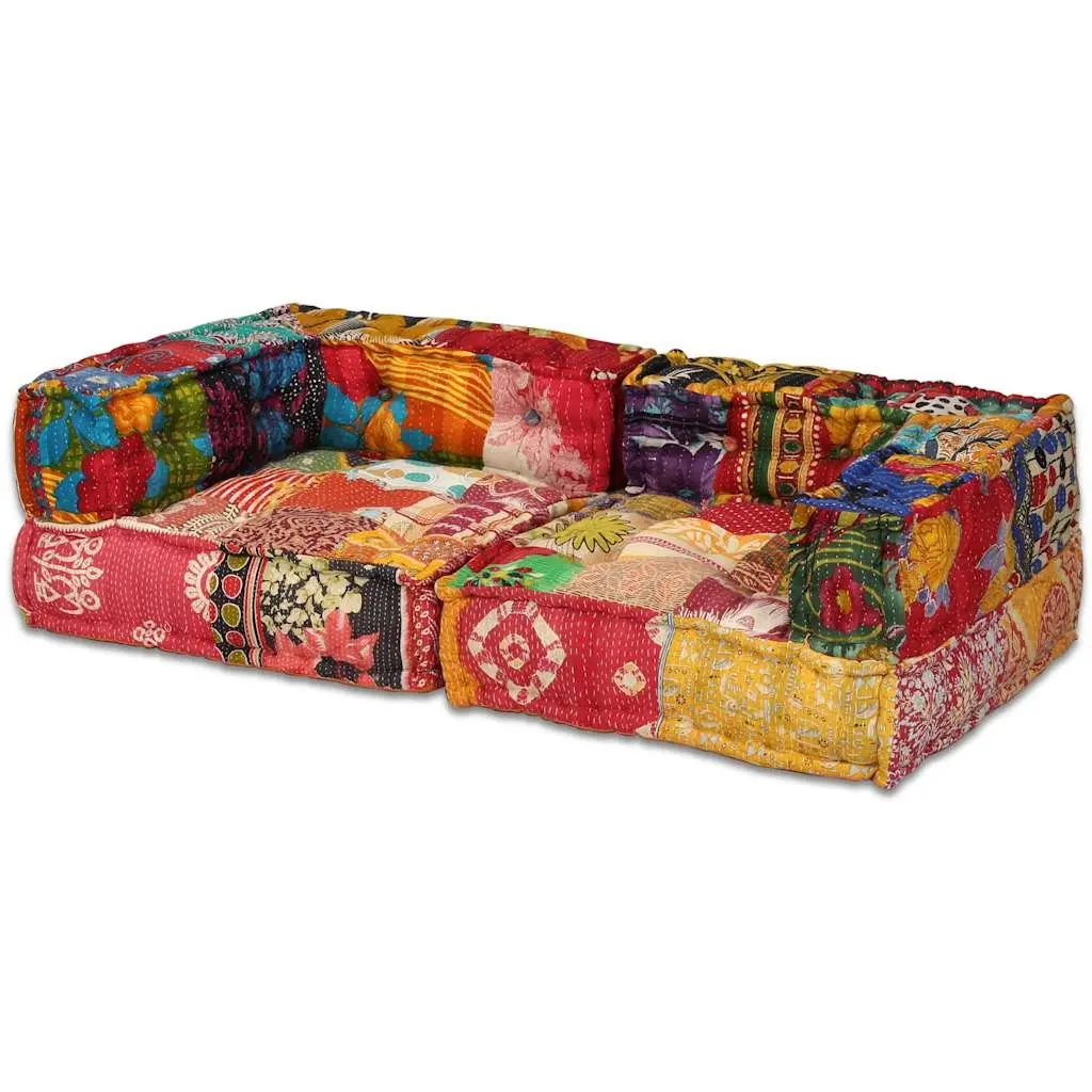 Modular Pouffe Sofa Bed 2-Seater Patchwork Fabric Convertible Couch