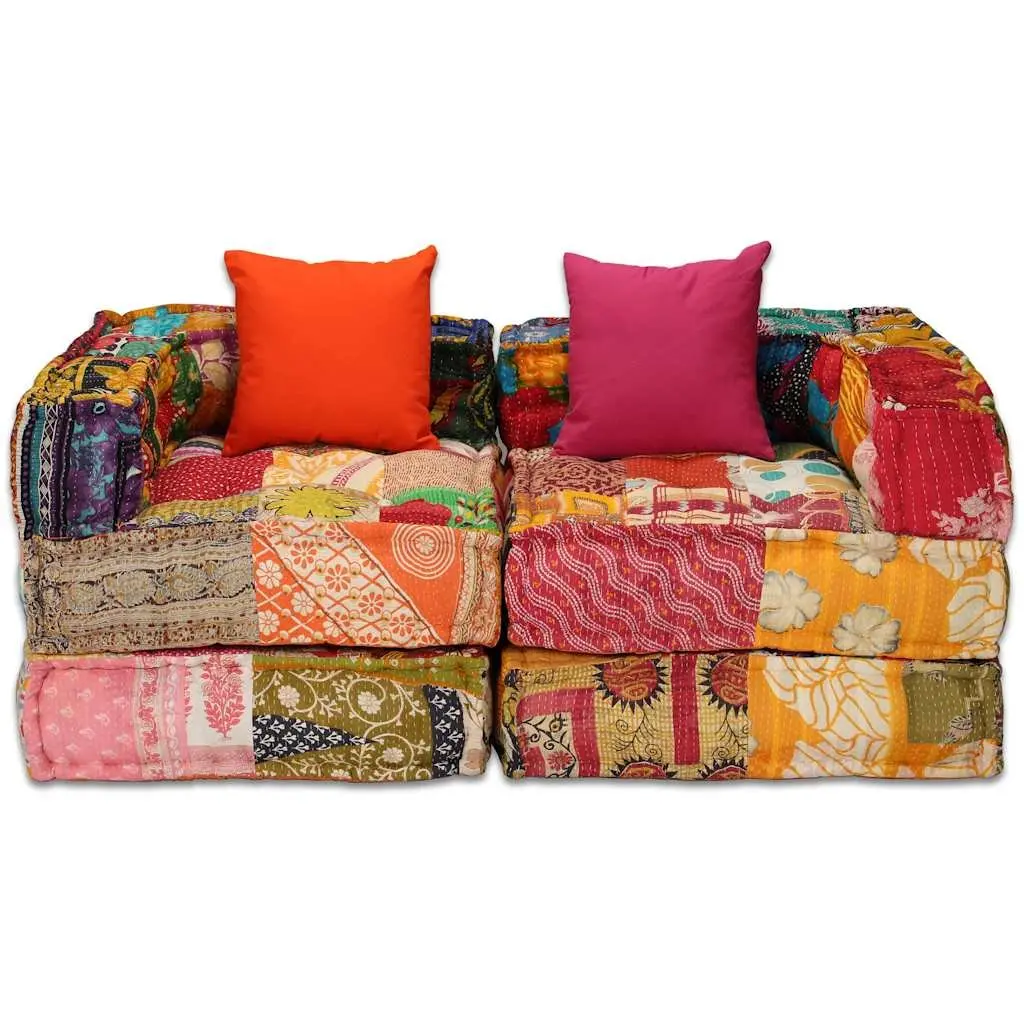 Modular Pouffe Sofa Bed 2-Seater Patchwork Fabric Convertible Couch