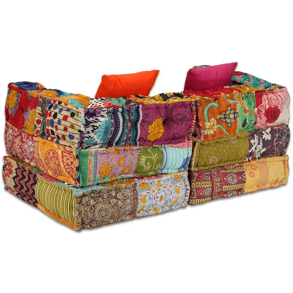 Modular Pouffe Sofa Bed 2-Seater Patchwork Fabric Convertible Couch