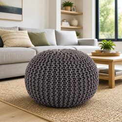 Elevate Your Living Space with a Grey Hand-Knitted Pouffe 50x35cm