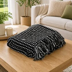 Cotton Throw Blanket 220x250 cm Black Plaid Tassels Soft Bedroom Sofa Chair