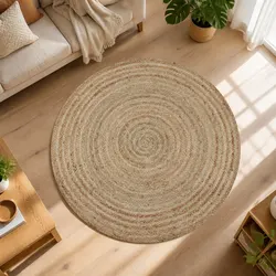 Round Braided Jute Area Rug 90cm Natural Handwoven Carpet Home Decor Beige
