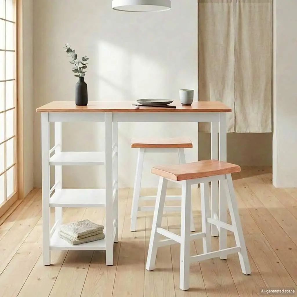 Bar Set 3 Pieces White Kitchen Dining Room Furniture with Storage Shelves and Ergonomic Stools