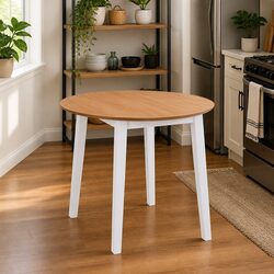 Round Drop-Leaf Dining Table Kitchen Compact Space-Saving MDF White Design