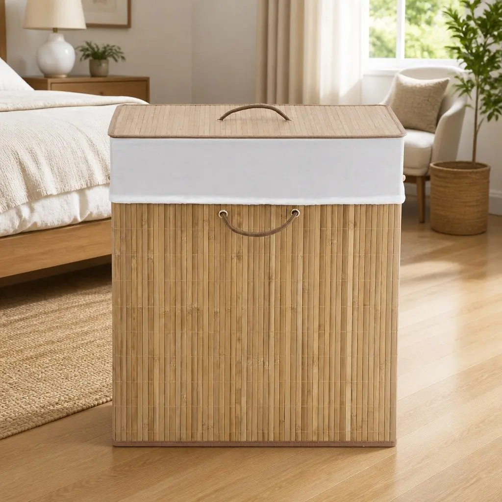 Bamboo Laundry Bin Rectangular Brown Removable Interior Liner with Handles