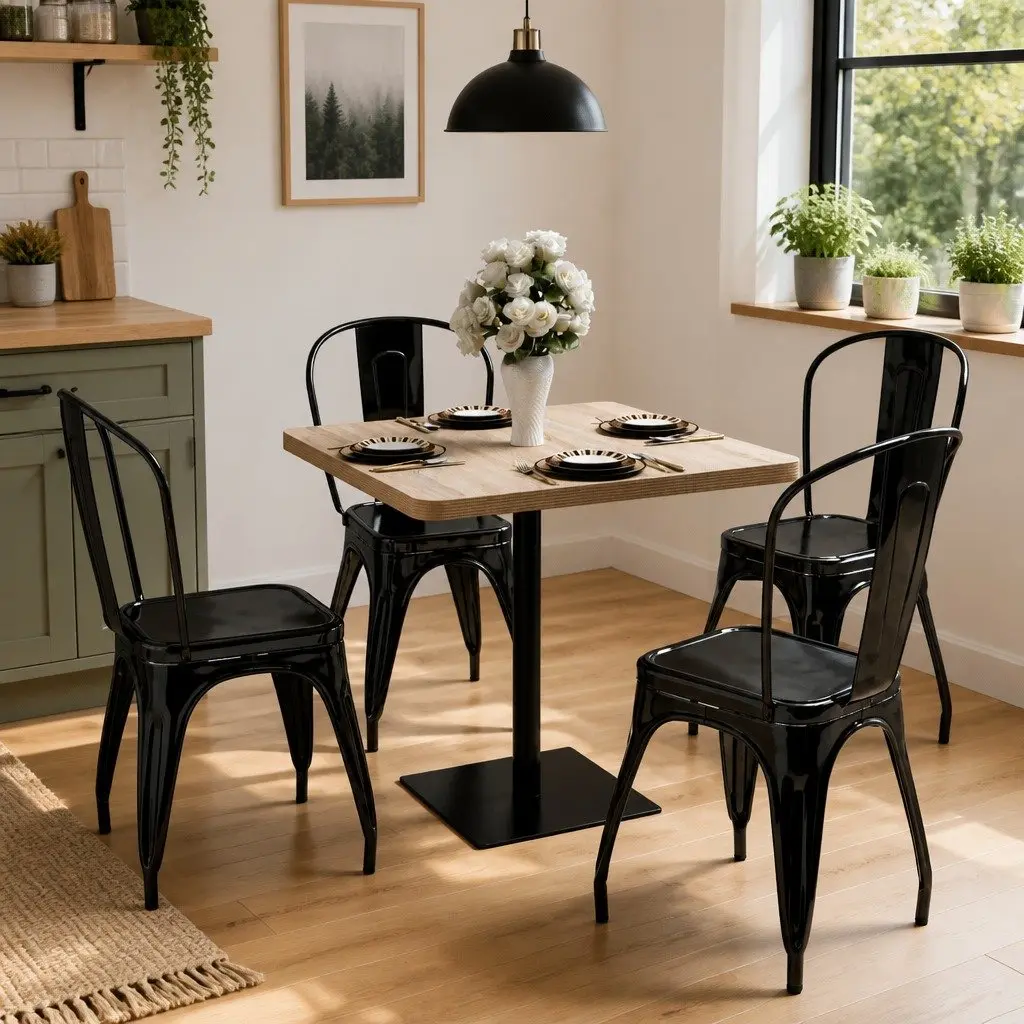 Bistro Dining Table Square 80x80cm Grain Top Steel Support Easy to Clean