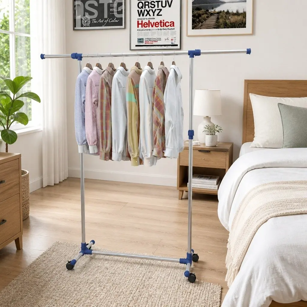 Adjustable Clothes Rack Silver Frame Lightweight Durable with Rolling Castors