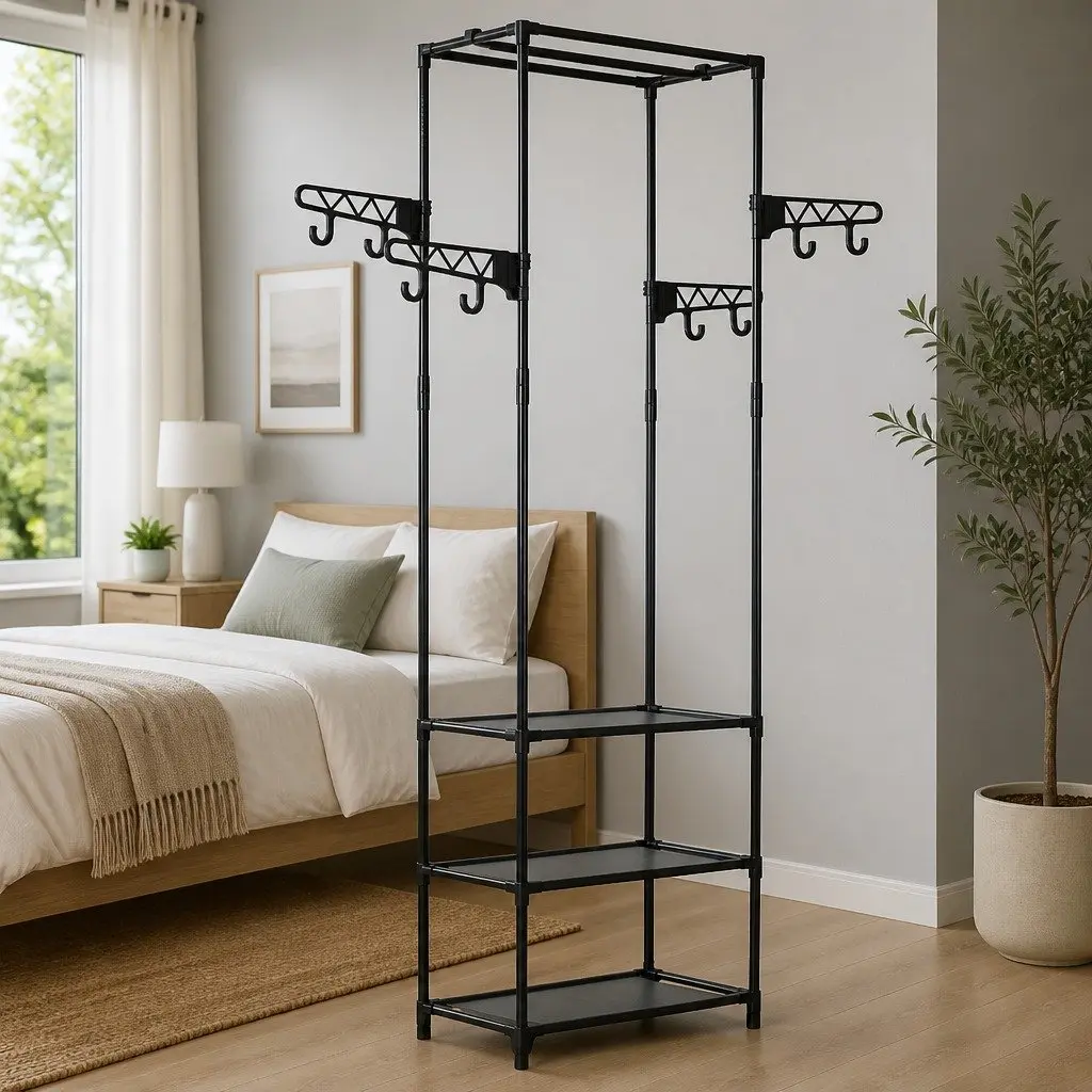 Clothes Rack Black Steel Frame with Three Non-Woven Fabric Shelves and Four Side Arms for Garment Storage