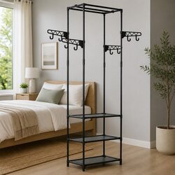 Black Clothes Rack Steel Frame Non-Woven Fabric Shelves Garment Storage