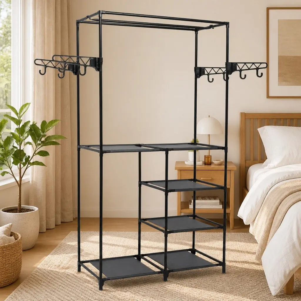 Clothes Rack Steel Frame with Non-woven Fabric Shelves and Hooks for Garment Storage