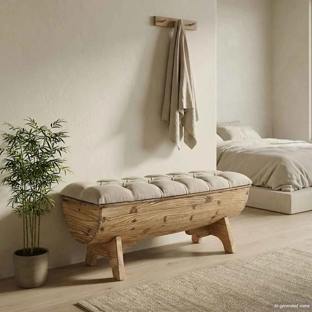 Storage Bench 103x51x44 cm Solid Wood Fabric Seat Barrel Shape Rustic