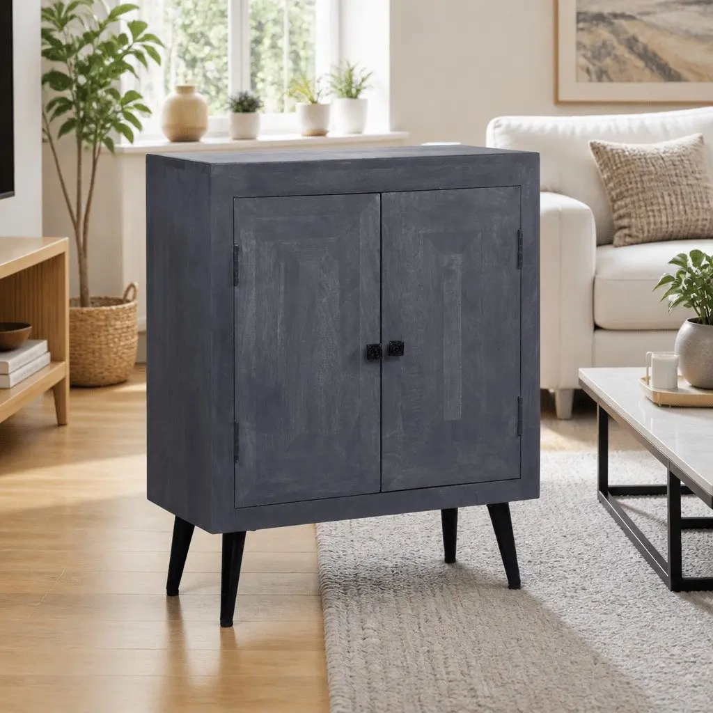 Sideboard Grey Solid Mango Wood Cabinet Storage Retro Style Steel Legs