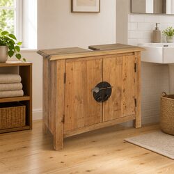Bathroom Vanity Cabinet Solid Pinewood Brown Retro Washbasin Storage Unit