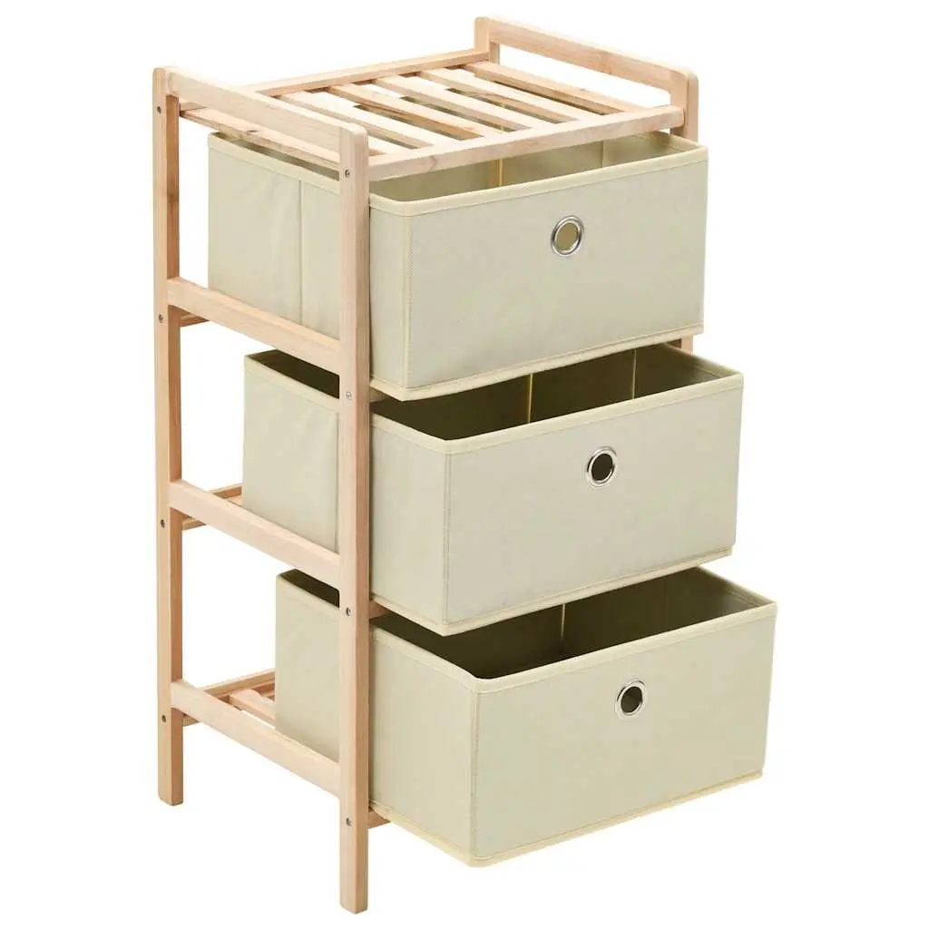 Storage Rack with 3 Fabric Baskets Lightweight Wooden Organizer Unit Beige