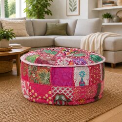 Round Patchwork Pouffe Footrest Handmade Cotton Pink 40x20 cm Boho Decor