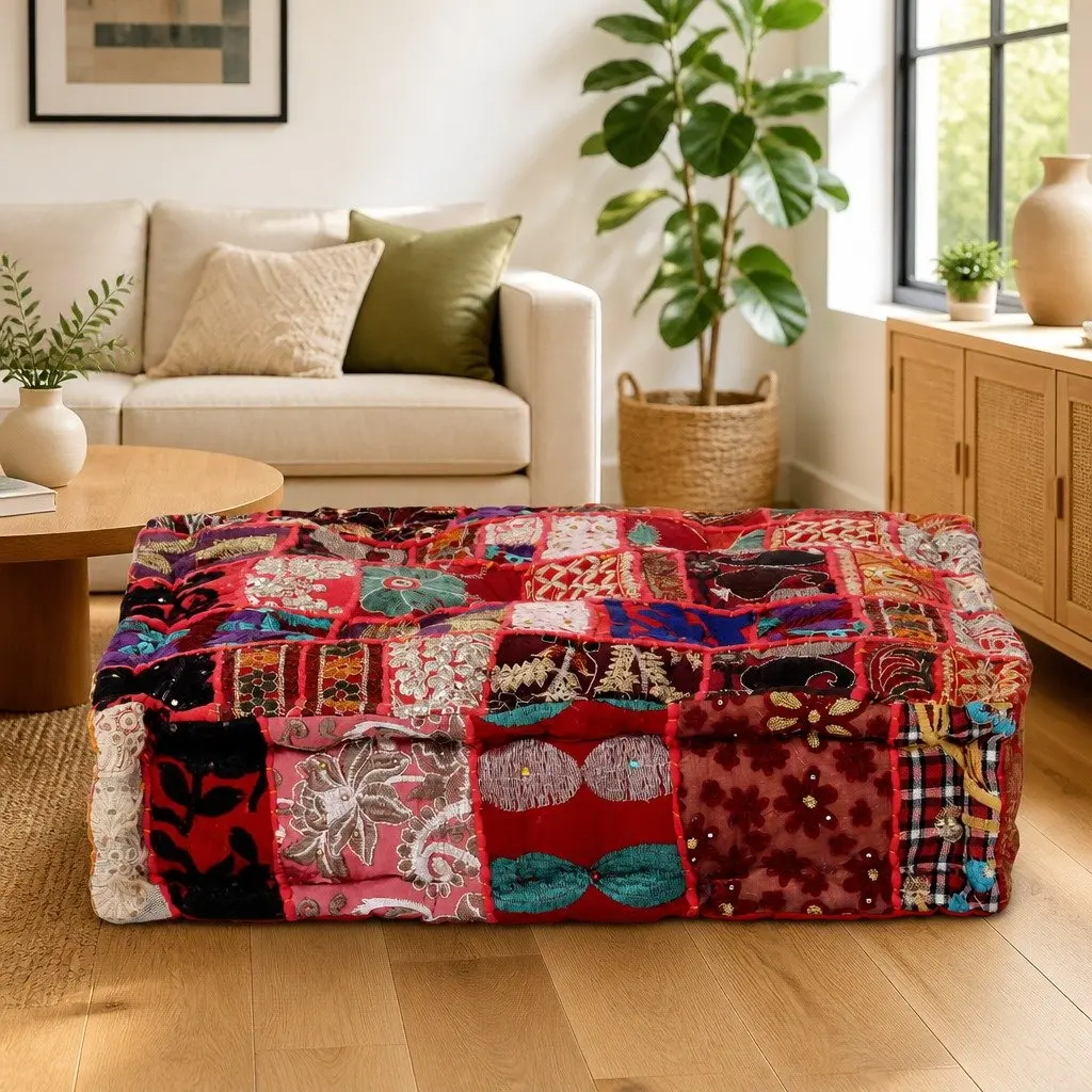 Patchwork Square Pouffe 50cm Handmade Cotton Embroidered Footstool