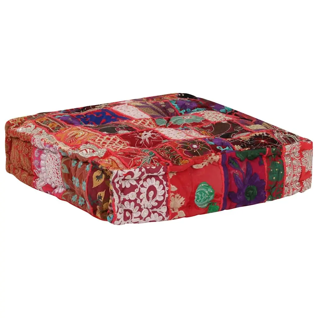 Patchwork Square Pouffe 50cm Handmade Cotton Embroidered Footstool