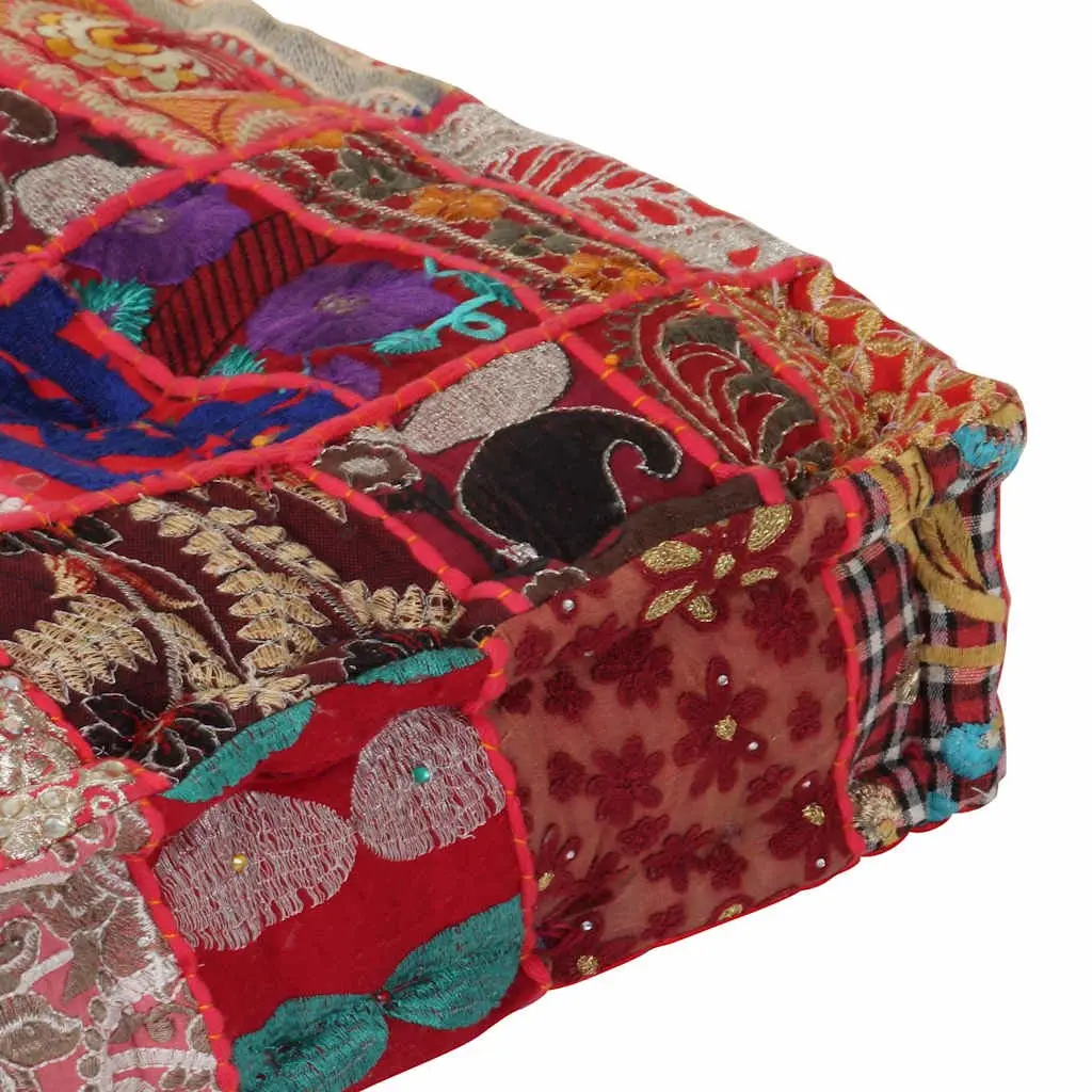 Patchwork Square Pouffe 50cm Handmade Cotton Embroidered Footstool