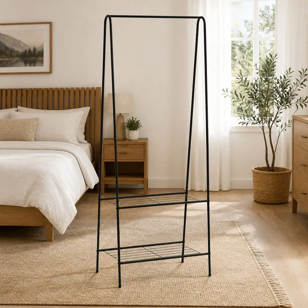Clothes Rack Black Steel Frame with 2 Shelves for Bedroom Storage