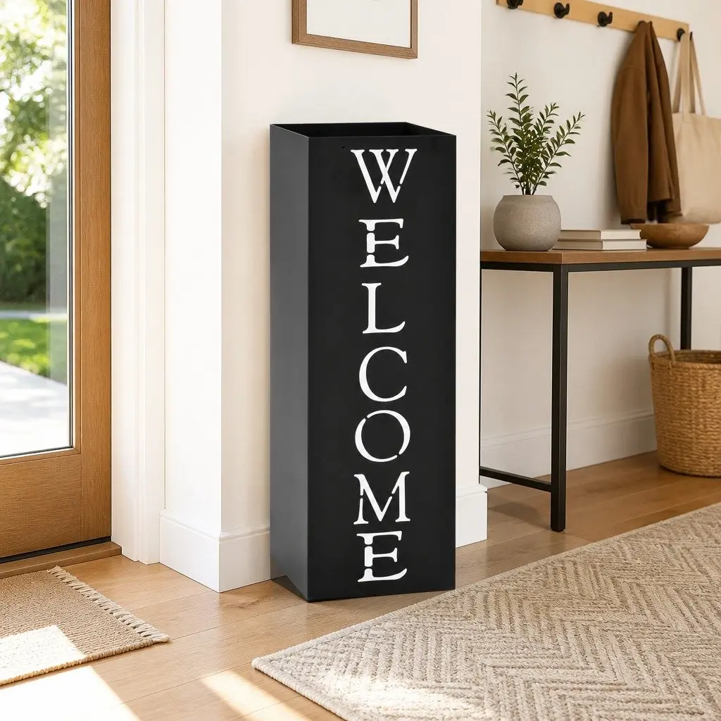 Umbrella Stand Steel Black Modern Entryway Storage Holder Drip Tray Walking