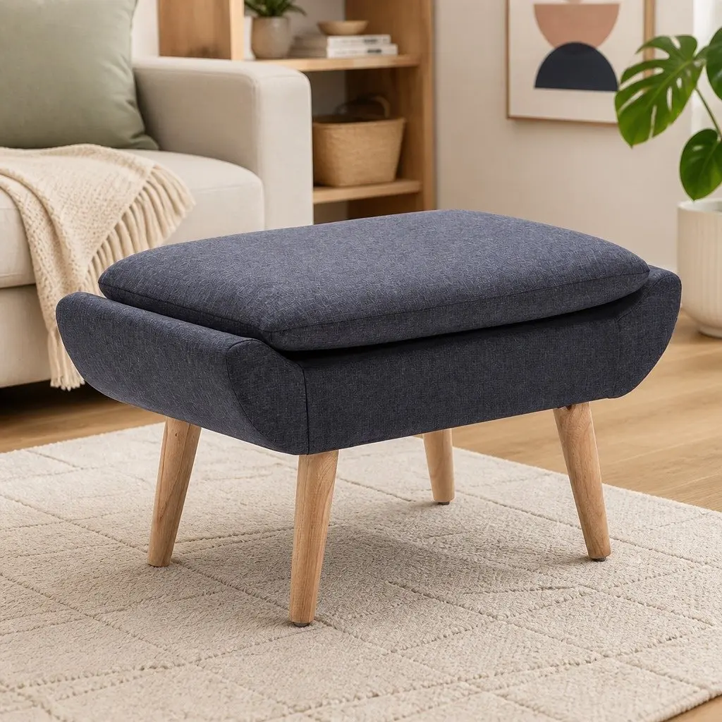 Upholstered Footstool Ottoman Grey Fabric Thickly Padded Seat for Living Room