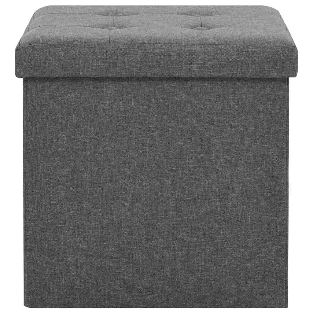 Folding Storage Stools Set of 2 Grey Faux Linen Removable Seat Tops Space Saving